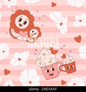 Retro seamless pattern with cartoon characters cups and Groovy power Flower on pink background with daisies and hearts. Vector Illustration for wallpa Stock Vector