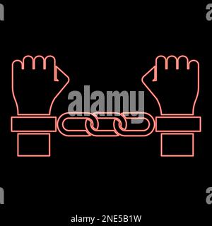 Neon hands in handcuffs Criminal concept Arrested punishment Bondage convict red color vector illustration image flat style light Stock Vector