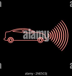 Neon car radio signals sensor smart technology autopilot front direction red color vector illustration image flat style light Stock Vector