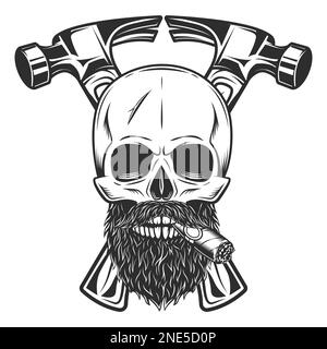 Skull smoking cigar or cigarette with mustache and beard and builder crossed hammers from new construction and remodeling house business in monochrome Stock Vector