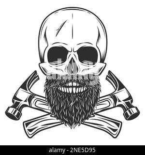 Skull with mustache and beard and crossed builder hammers from new construction and remodeling house business in monochrome vintage style isolated Stock Vector