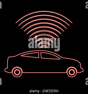 Neon car radio signals sensor smart technology autopilot up direction red color vector illustration image flat style light Stock Vector