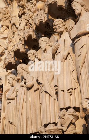 France, Paris, stone carvings detail on the front of Notre Dame. Stock Photo