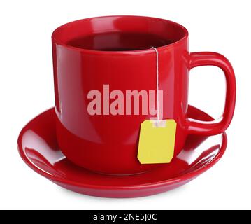 Red cup with teabag isolated on white Stock Photo