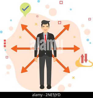 Office secretary concept, hrm symbol, Man with Multi directional arrows vector color icon design,  Business Character stock illustration, hr sign Stock Vector