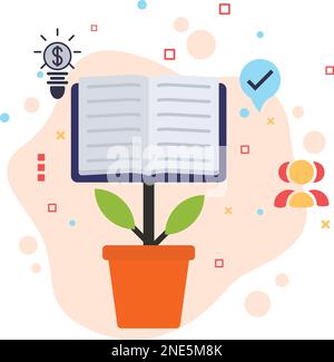 Education and Skill Metaphor symbol, Knowledge Development and Growth Vector color Icon Design, hrm sign, Book with Clay Pot Plant stock illustartion Stock Vector