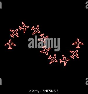 Neon route from airplanes flight tourism path plane flights adventure time concept itinerary fly red color vector illustration image flat style light Stock Vector