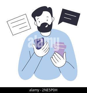Smiling young man with beard holding a coffee to-go mug using phone app to read, comment news feed in social media, vector illustration Stock Vector