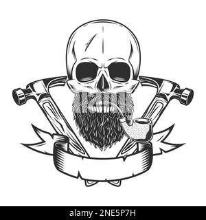 Skull smoking pipe with mustache and beard and builder crossed hammers from new construction and remodeling house business in monochrome vintage style Stock Vector