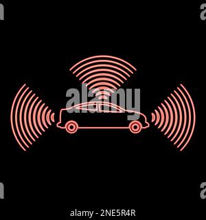 Neon car radio signals sensor smart technology autopilot all direction red color vector illustration image flat style light Stock Vector