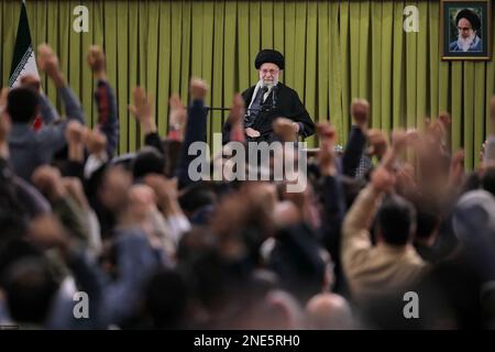 Tehran, Tehran, Iran. 15th Feb, 2023. A handout picture provided by the office of Iran's Supreme Leader Ayatollah ALI KHAMENEI on February 15, 2023, shows him in the capital Tehran addressing a gathering of people from the northwestern region of Iranian Azerbaijan. In this meeting, he greatly admired the Iranian nation for its 'historic'' turnout in this year's mass rallies to celebrate the 44th anniversary of the Islamic Revolution. 'This real, passionate, and meaningful epic is the result of the nation's persistence and not getting deviated from the path of the Revolution,'' he Stock Photo