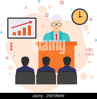 Presenter with Bar Graphs Vector Icon Design, Adult Education pictogram, executive on rostrum wearing spectacles stock illustration, Trainer Giving Stock Vector