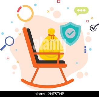 Rocking chair with money bag and protection shield vector color icon design, Retirement Program Concept, hrm symbol, hr sign, Pension stock illustrati Stock Vector