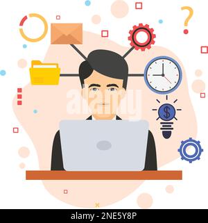 Multi Takers Secretary Avatar, Hrm symbol, Person performing  email, operation and time management task vector color icon design, business character s Stock Vector
