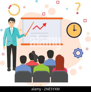Adult Training and Development classroom scene Concept, hrm symbol, Manager giving presentation on growth vector color icon design, hr sign, Business Stock Vector