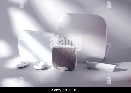 Smart House security system gadgets. Motion sensor, panic button, and alarm dinamic. Stock Photo