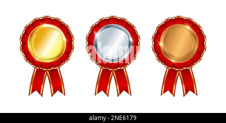 Set of gold, silver, bronze medals with red ribbon. 3d insignia decorated with folds of red ribbon. Achievement award. Vector illustration. Stock Vector