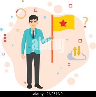 Executive Standing with Winning Flag Sign, Team Lead Winner Concept, hrm symbol, Person with Finish Line Flag Vector color Icon Design, Leader Avatar Stock Vector