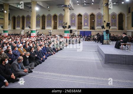 Tehran, Tehran, Iran. 15th Feb, 2023. A handout picture provided by the office of Iran's Supreme Leader Ayatollah ALI KHAMENEI on February 15, 2023, shows him in the capital Tehran addressing a gathering of people from the northwestern region of Iranian Azerbaijan. In this meeting, he greatly admired the Iranian nation for its 'historic'' turnout in this year's mass rallies to celebrate the 44th anniversary of the Islamic Revolution. 'This real, passionate, and meaningful epic is the result of the nation's persistence and not getting deviated from the path of the Revolution,'' he Stock Photo