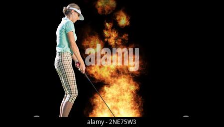 Composition of female golf player over flames on black background. sport and competition concept digitally generated image. Stock Photo