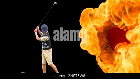 Composition of male golf player over flames on black background. sport and competition concept digitally generated image. Stock Photo