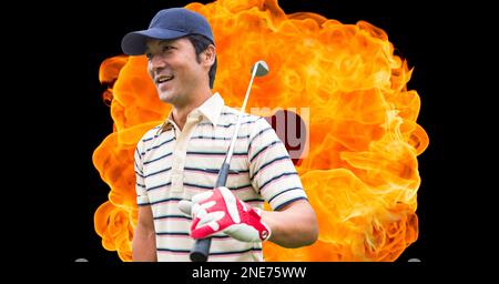 Composition of male golf player over flames on black background. sport and competition concept digitally generated image. Stock Photo