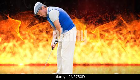 Composition of male golf player over flames on black background. sport and competition concept digitally generated image. Stock Photo