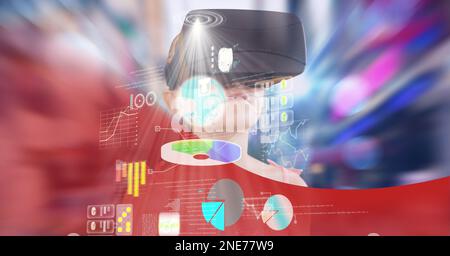 Composition of digital icons and data processing with girl wearing vr headset Stock Photo