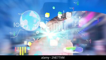 Composition of digital icons and data processing with girl wearing vr headset Stock Photo