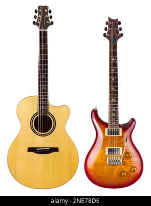 Guitars Two guitars Electric Guitar Acoustic Guitars cut out Guitars on white background PRS custom 22 guitar PRS Angelus acoustic guitar Two guitars Stock Photo