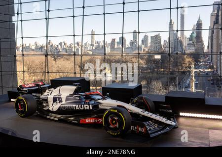 The new Scuderia AlphaTauri Formula One car at the Scuderia AlphaTauri Season Launch at Lincoln Center in New York, NY on February 11, 2023.     Red Bull Content Pool // via FUFA61 //Usage for editorial use only // Stock Photo