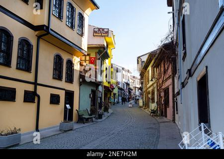 Odunpazari, Eskisehir, Turkey  01-21-2023: Traditional Turkish houses in Odunpazari. Colorful Odunpazari District houses view in Eskisehir City. Stock Photo