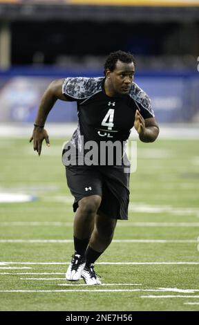 James Madison's Dorian Brooks runs the 40-yard dash at the NFL football ...