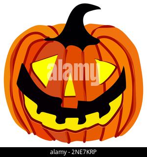 Pumpkin in cartoon style with glowing eyes and smiling mouth for Halloween isolated on white background. Vector design element. Stock Photo