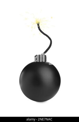 Old fashioned black bomb with lit fuse on white background Stock Photo