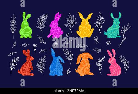 Colorful Easter bunnies doodle pattern and twigs Stock Vector