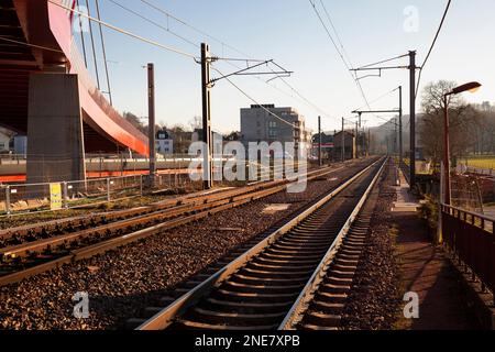 Europe, Luxembourg, Mersch, Railway tracks close to Mersch Railway Station in Winter Stock Photo