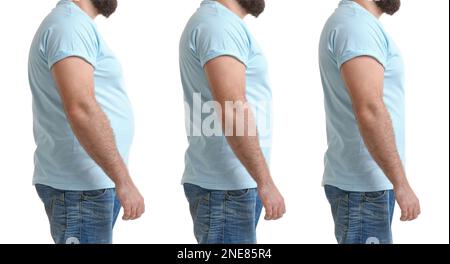 Man before and after weight loss on white background, collage Stock Photo