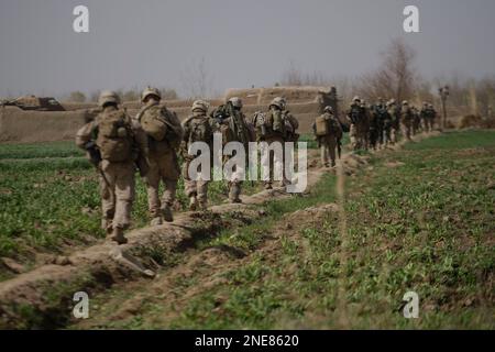 U.S. Marines from 3rd Battalion, 6th Marine Regiment patrol in Marjah in Afghanistan's Helmand province on Thursday Feb. 25, 2010. (AP Photo/David Guttenfelder)