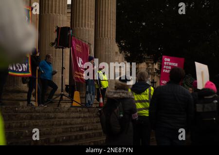 Bristol, UK, 16th February 2023. Union of Colleges and Universities rally outside the Victoria Rooms in Clifton, Bristol. Stock Photo