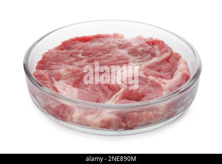 Petri dish with piece of raw cultured meat on white background Stock Photo