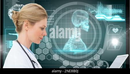 Composition of female doctor over screen with medical data processing Stock Photo