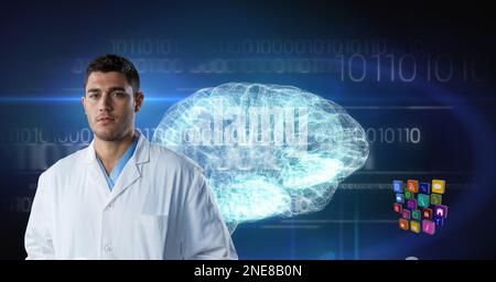 Composition on male doctor over screen with digital human brain and binary coding processing Stock Photo
