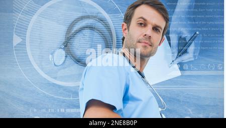 Composition of male doctor over stethoscope and medical data processing Stock Photo