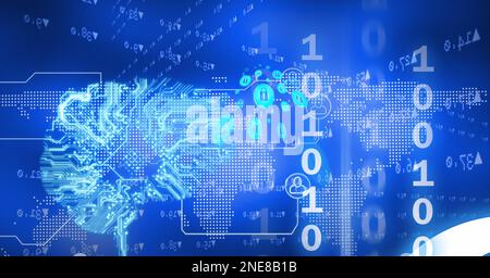Composition of binary coding over computer circuit board and world map Stock Photo