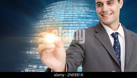 Composition of businessman touching interactive screen over binary coding Stock Photo