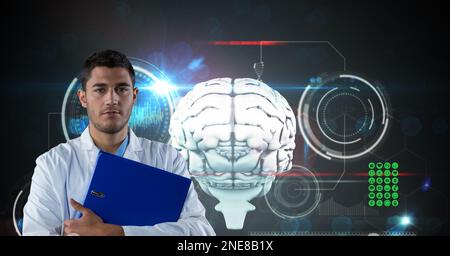 Composition on male doctor over screen with digital human brain and medical data processing Stock Photo