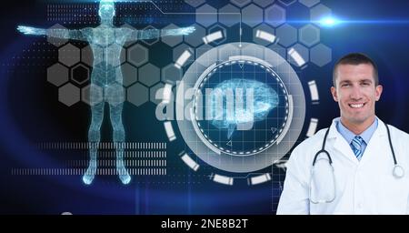 Composition of male doctor over virtual screen with medical icons Stock Photo