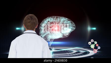 Composition on male doctor over screen with digital human brain and medical data processing Stock Photo