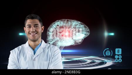 Composition on male doctor over screen with digital human brain and medical data processing Stock Photo